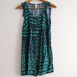 Poema Green and Navy Boho Tribal Dress Size L